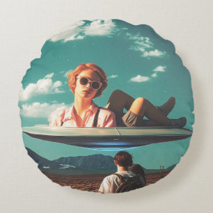 Woman Relaxing on UFO in Desert Round Cushion