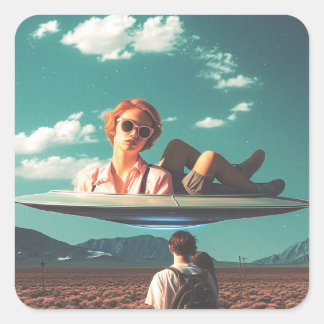 Woman Relaxing on UFO in Desert Square Sticker