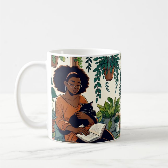 Woman Relaxing with her cat, book and plants Coffee Mug (Left)