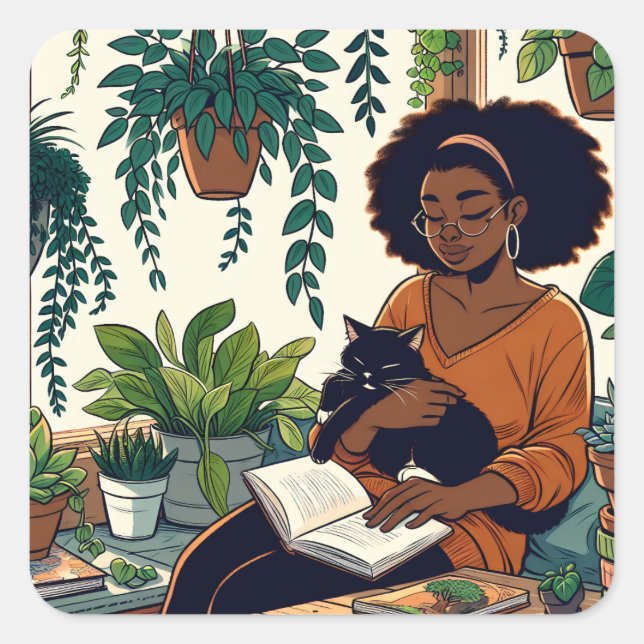 Woman Relaxing with her cat, book and plants Square Sticker (Front)