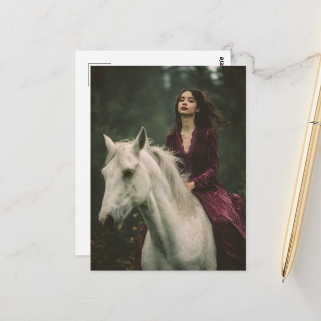 Woman Riding a Grey Horse in a Dress No Bridle Postcard (Front/Back In Situ)