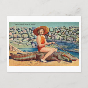 Woman Riding an Alligator Vintage Florida Travel Postcard