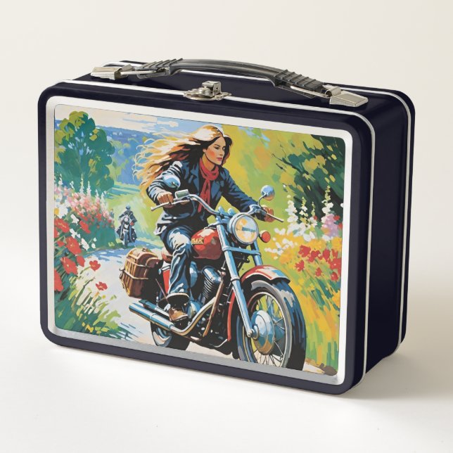 Woman Riding Motorcycle In The Country Metal Lunch Box (Front)