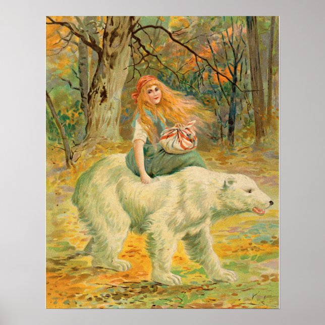 Woman Riding on Bear vintage illustration Poster (Front)