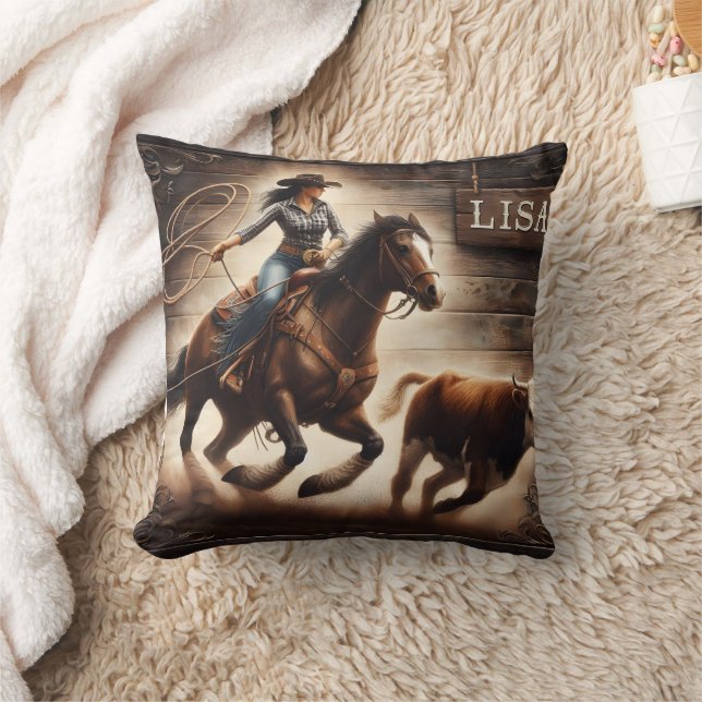 Woman Roping Cattle at Rodeo Event Cushion (Blanket)
