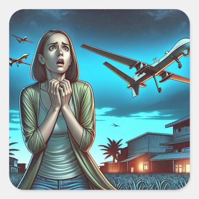 Woman running from Drones | Current Events Humour Square Sticker (Front)