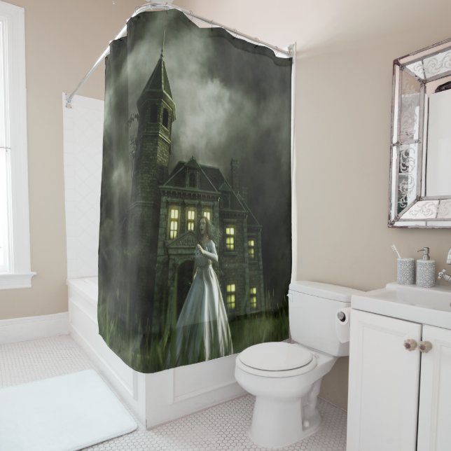 Woman Running from Haunted Mansion Shower Curtain (In Situ)