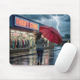 Woman Running Towards a Thrift Store in a Storm Mouse Mat