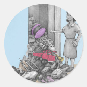 Woman’s Stuff Falls Out of Closet Grayscale Colour Classic Round Sticker
