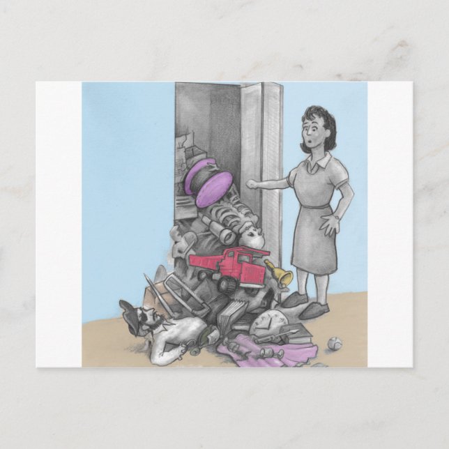 Woman’s Stuff Falls Out of Closet Postcard (Front)