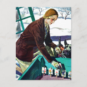 Woman & Scottie Dog Planting Seeds Holiday Postcar