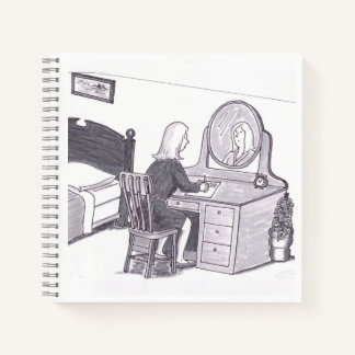 Woman Seated at Bedroom Desk with Mirror Writing Notebook