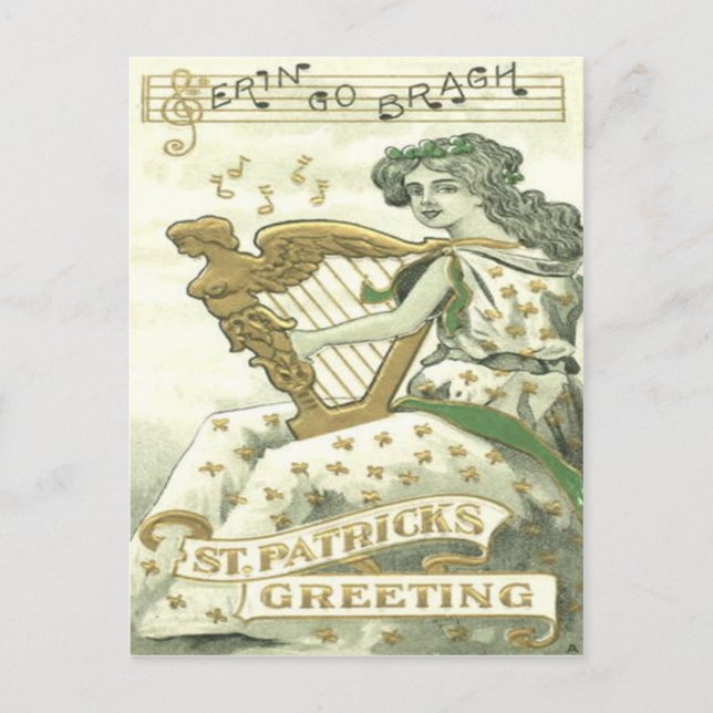 Woman Shamrock Harp of Erin Music Notes Postcard (Front)