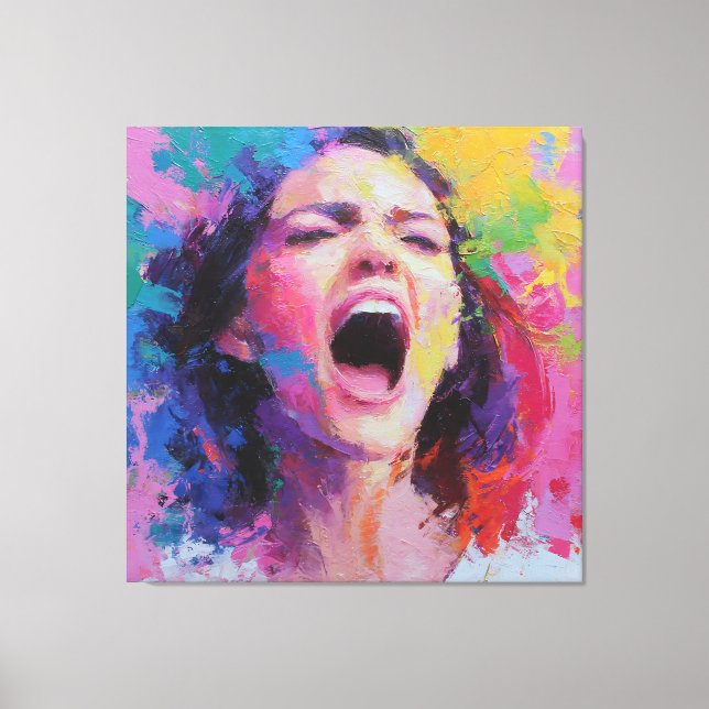 Woman Shouting Abstract Colours Expressive Acrylic Canvas Print (Front)