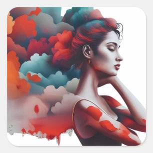 Woman silhouette, boho style, square sticker