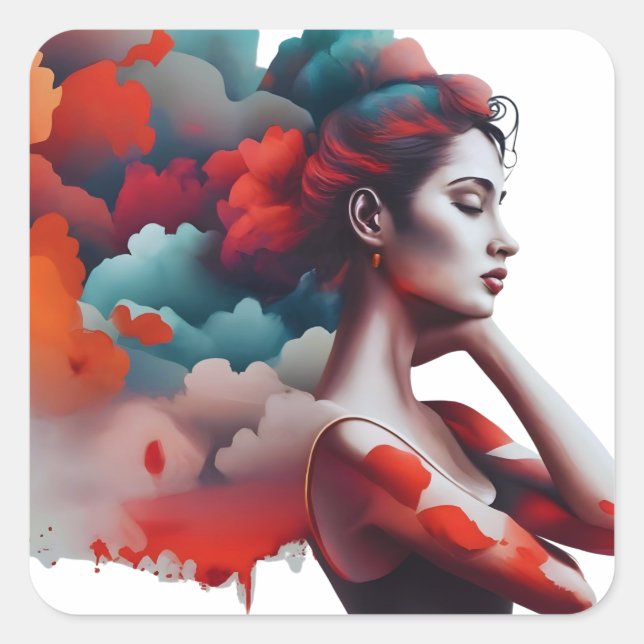 Woman silhouette, boho style, square sticker (Front)