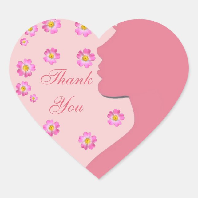 Woman silhouette, flowers on rose gold Thank You Heart Sticker (Front)