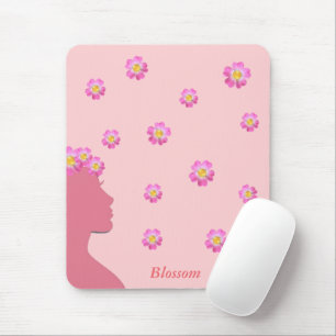 Woman silhouette, flowers & text on pink mouse mat