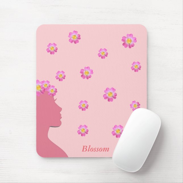 Woman silhouette, flowers & text on pink mouse mat (With Mouse)