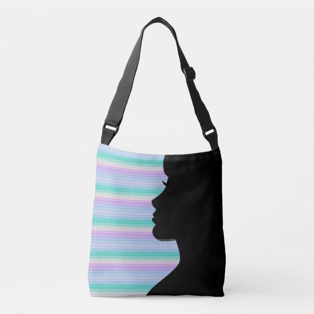 Woman Silhouette on Turquoise & Blue Stripes  Crossbody Bag (Front)