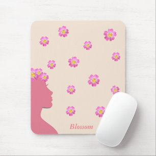 Woman silhouette, pink flowers & text on beige mouse mat