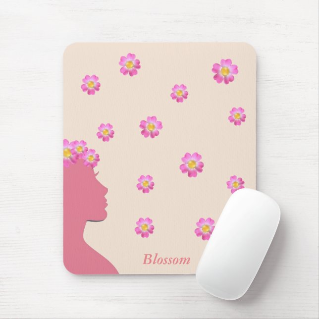 Woman silhouette, pink flowers & text on beige mouse mat (With Mouse)