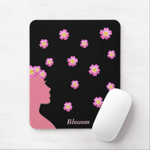 Woman silhouette, pink flowers & text on black mouse mat