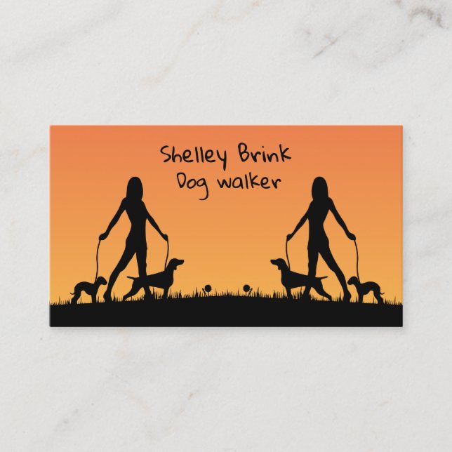 Woman Silhouette Walking Dogs Cute Dog Walker Business Card (Front)