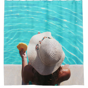 Woman sitting beside swimming pool shower curtain
