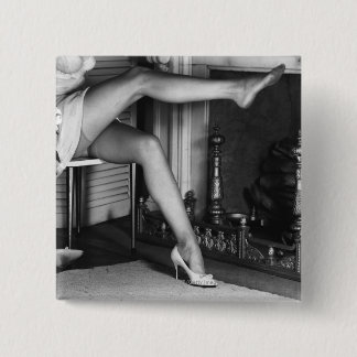 Woman sitting by fireplace B&W 15 Cm Square Badge