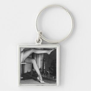 Woman sitting by fireplace B&W Key Ring