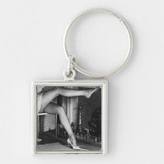 Woman sitting by fireplace B&W Key Ring