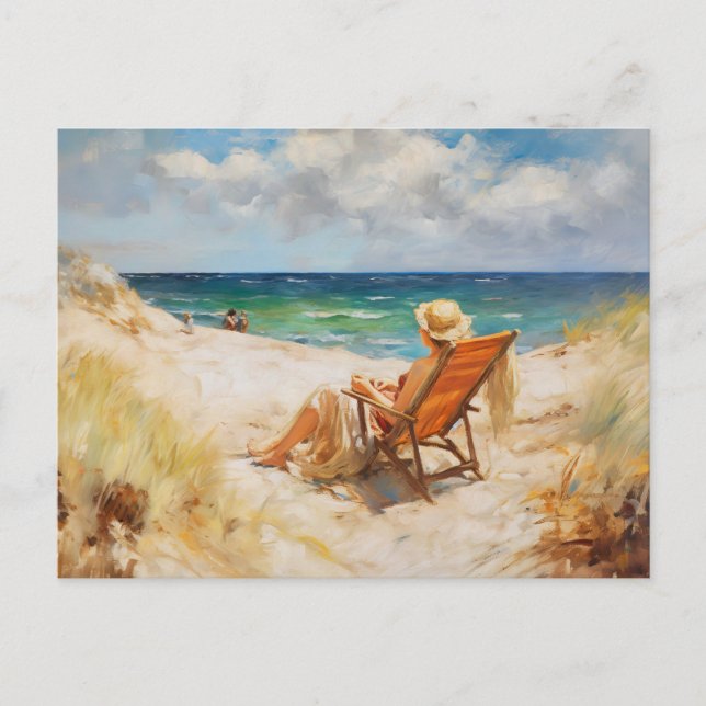 Woman sitting in beach chair at baltic sea. art postcard (Front)