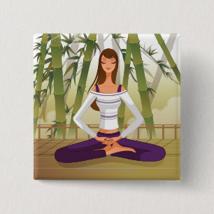Woman sitting in lotus position, meditating 15 cm square badge