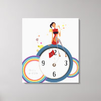 Woman sitting on a clock and holding a tea cup