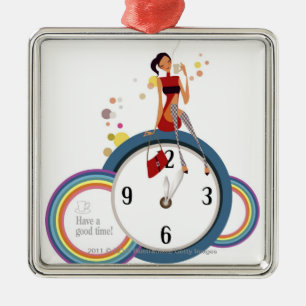Woman sitting on a clock and holding a tea cup metal tree decoration