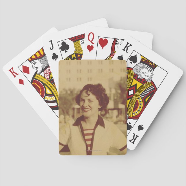 Woman Sitting Outside Playing Cards (Back)