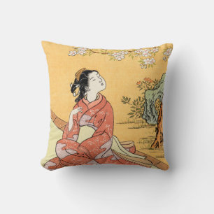 Woman Sitting Under Cherry Blossoms Cushion