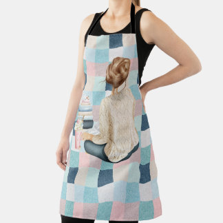 WOMAN SITTING WITH BOOKS AND HOT BEVERAGE APRON