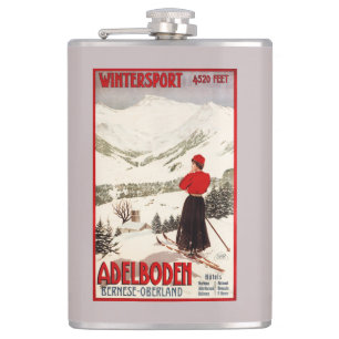 Woman Skier Overlooking Adelboden Poster Hip Flask