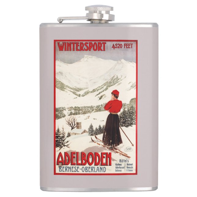 Woman Skier Overlooking Adelboden Poster Hip Flask (Front)