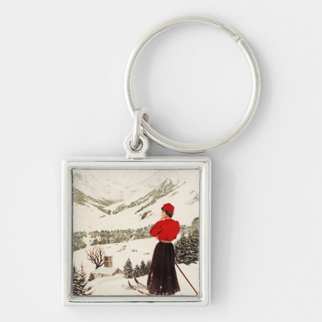 Woman Skier Overlooking Adelboden Poster Key Ring (Front)