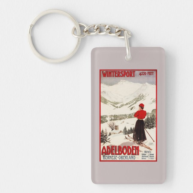 Woman Skier Overlooking Adelboden Poster Key Ring (Front)