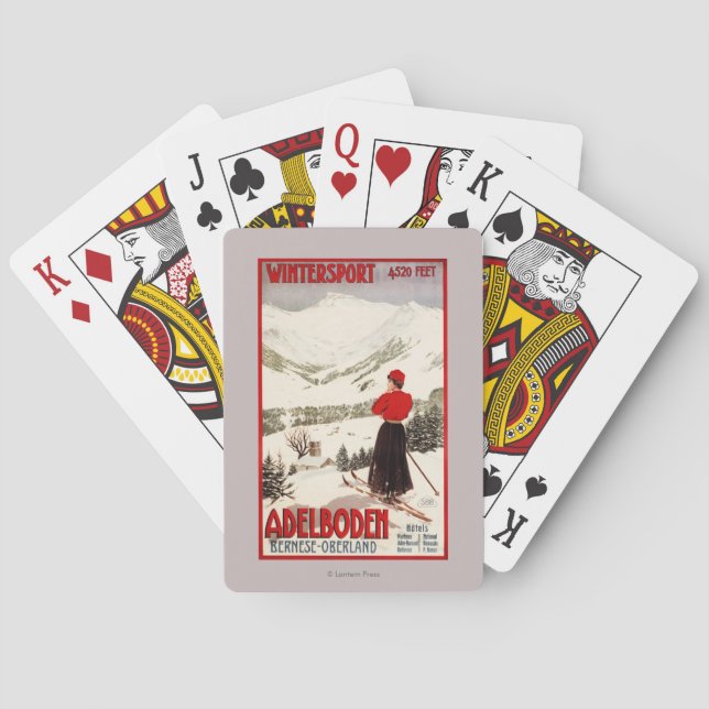 Woman Skier Overlooking Adelboden Poster Playing Cards (Back)