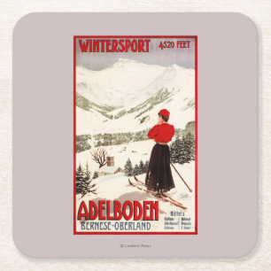 Woman Skier Overlooking Adelboden Poster Square Paper Coaster