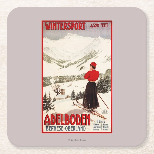Woman Skier Overlooking Adelboden Poster Square Paper Coaster (Front)