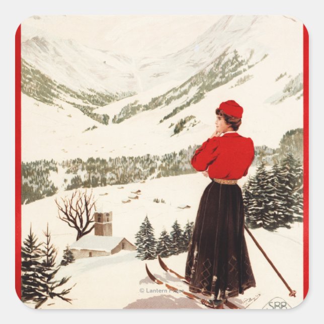 Woman Skier Overlooking Adelboden Poster Square Sticker (Front)