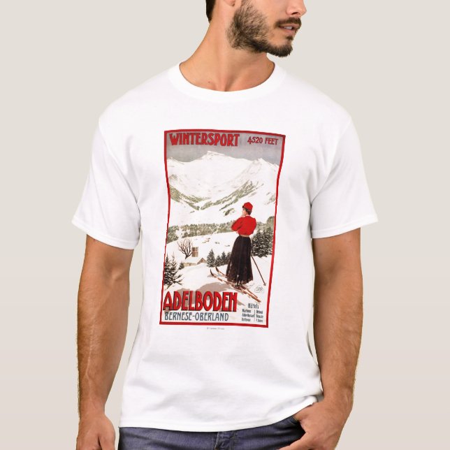 Woman Skier Overlooking Adelboden Poster T-Shirt (Front)