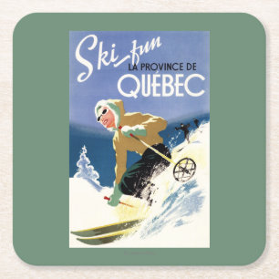 Woman Skiing - Both English and French Poster Square Paper Coaster