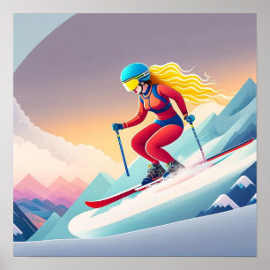 Woman Skiing Down A Mountain - Art Print